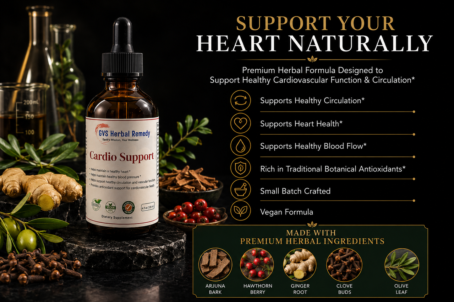 Herbal remedy bottle labeled 'Cardio Support' with natural ingredients and text about heart health benefits on a dark background.