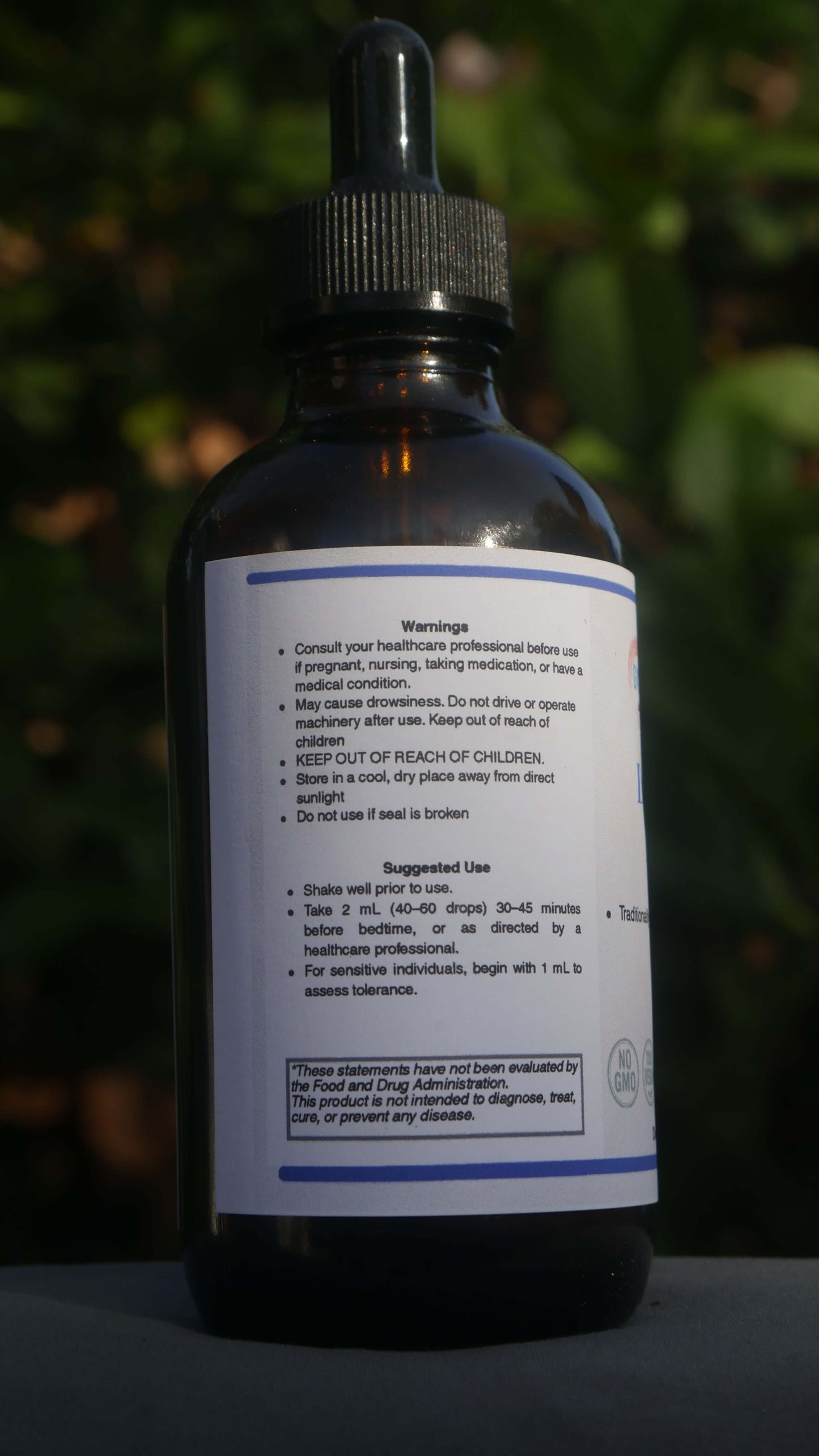 Deep Sleep Nervine Tincture bottle with warning and suggested use instructions.