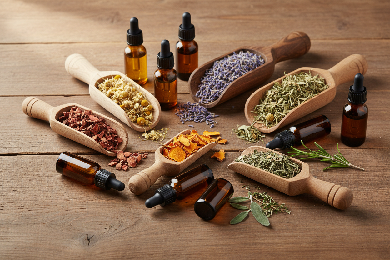 image of various herbs in wooden scoops on a wooden table including multiple tincture bottles on the table