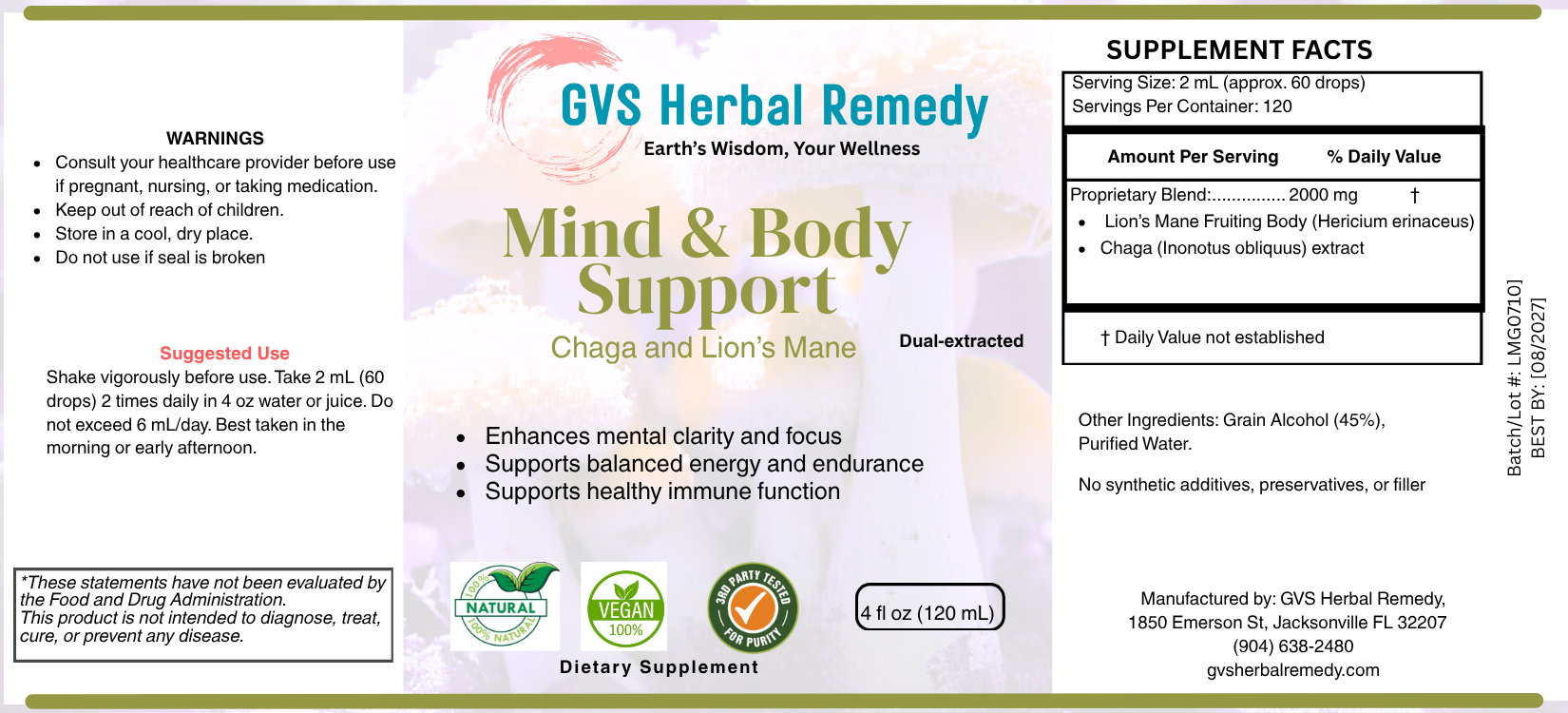 GVS Herbal Remedy supplement label for Mind & Body Support with supplement facts and ingredients listed.