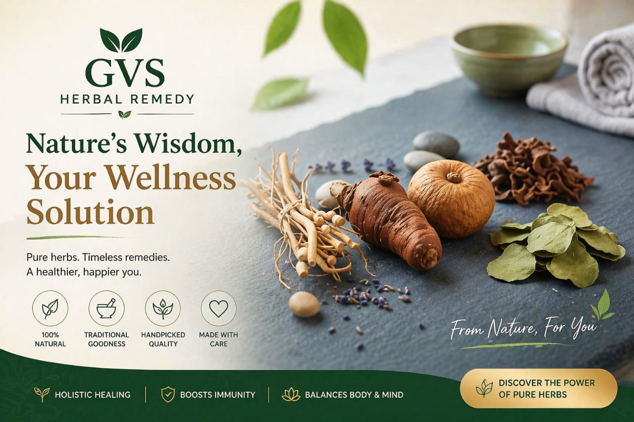 GVS Herbal Remedy advertisement with herbs on a stone surface