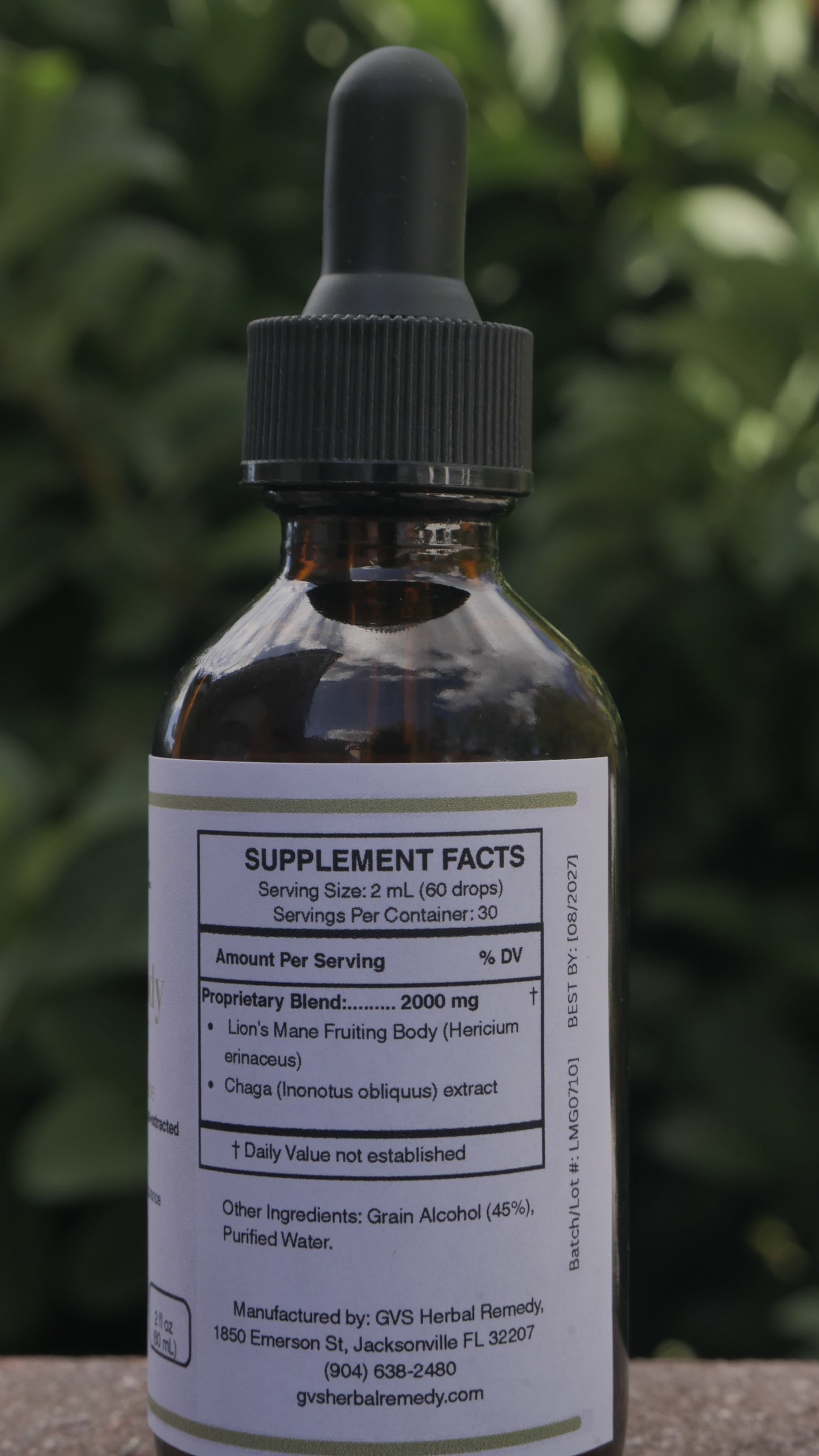 lion's Mane Bottle with dropper and label with Supplement facts