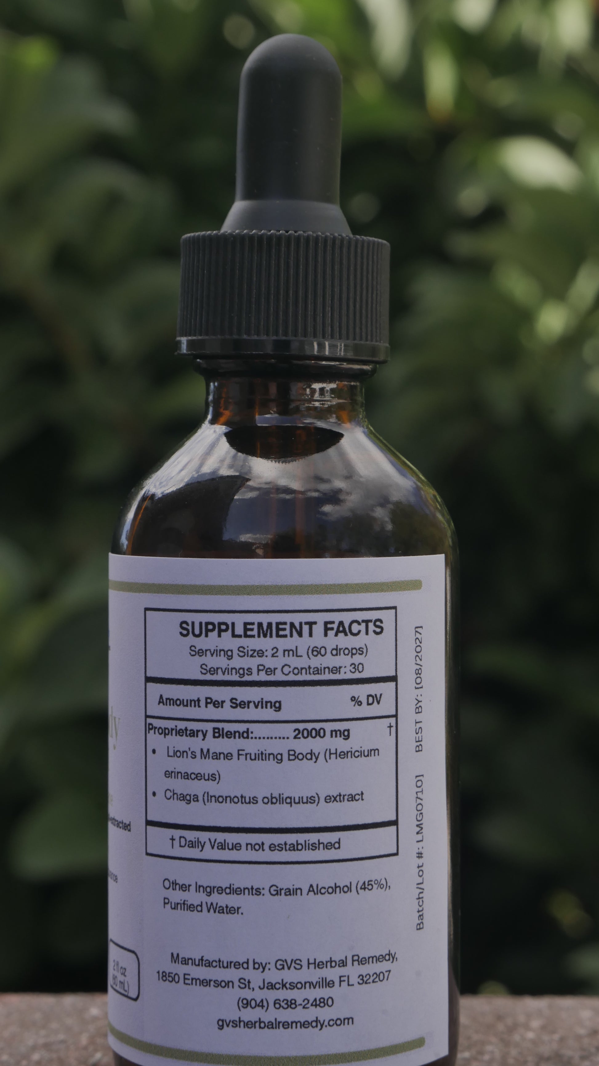lion's Mane Bottle with dropper and label with Supplement facts