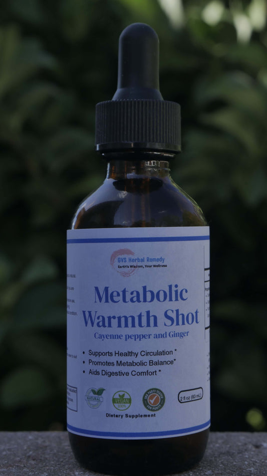 Bottle of Metabolic Warmth Shot with a dropper on a dark background