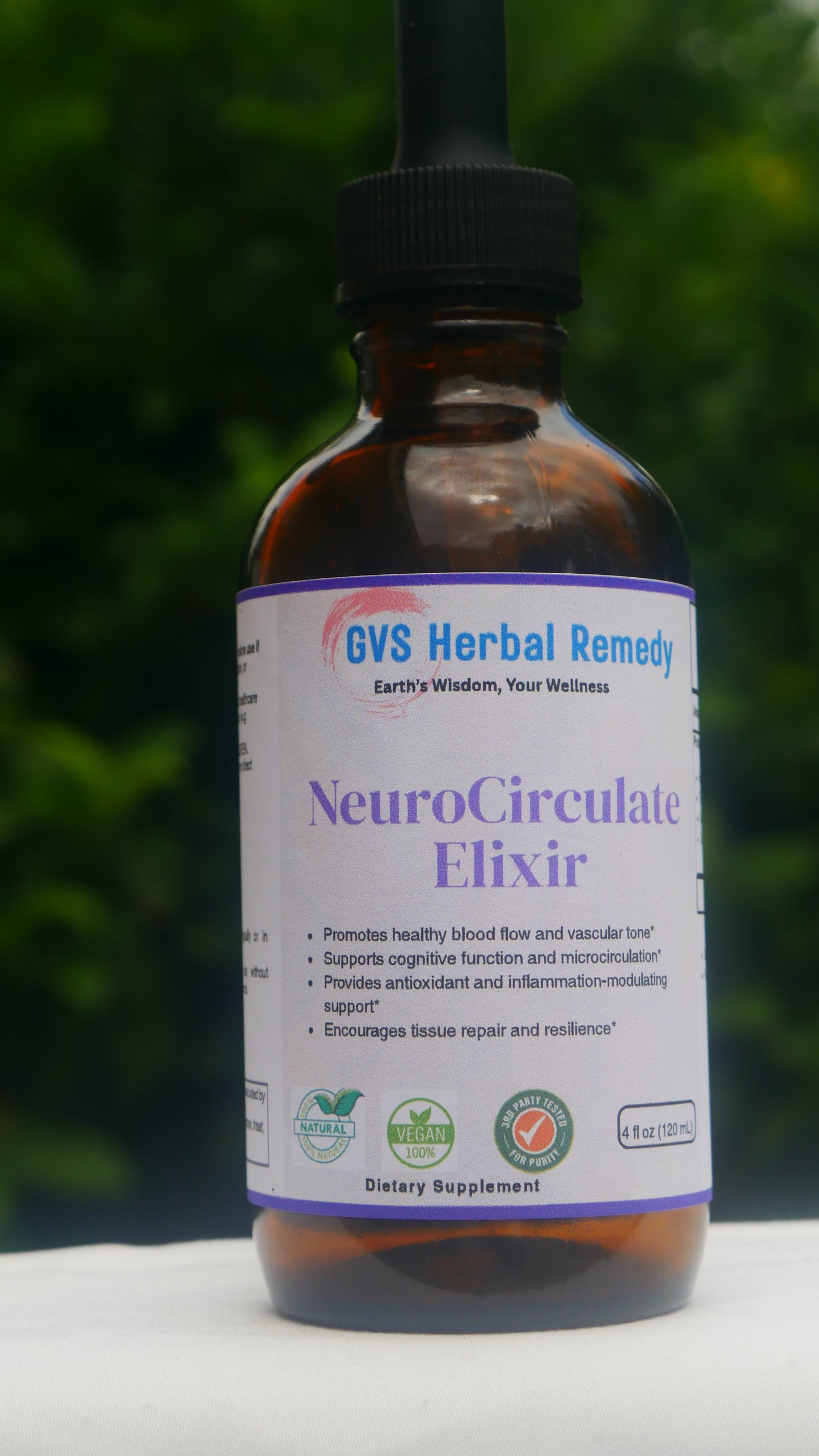 Bottle of CVS Herbal Remedies NeuroCirculate Elixir with a blurred green background