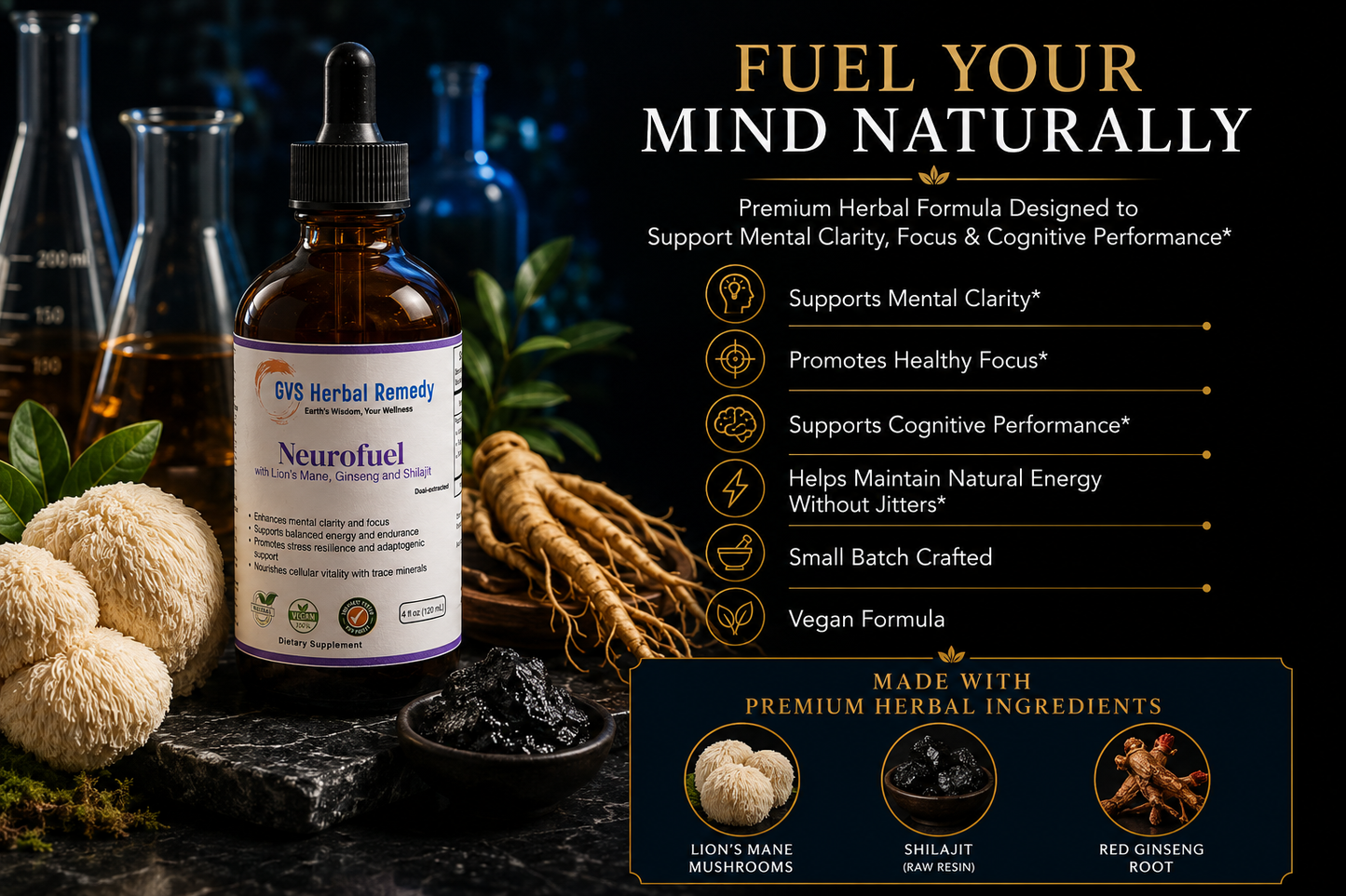 Neurofuel supplement bottle with herbs and text on a dark background