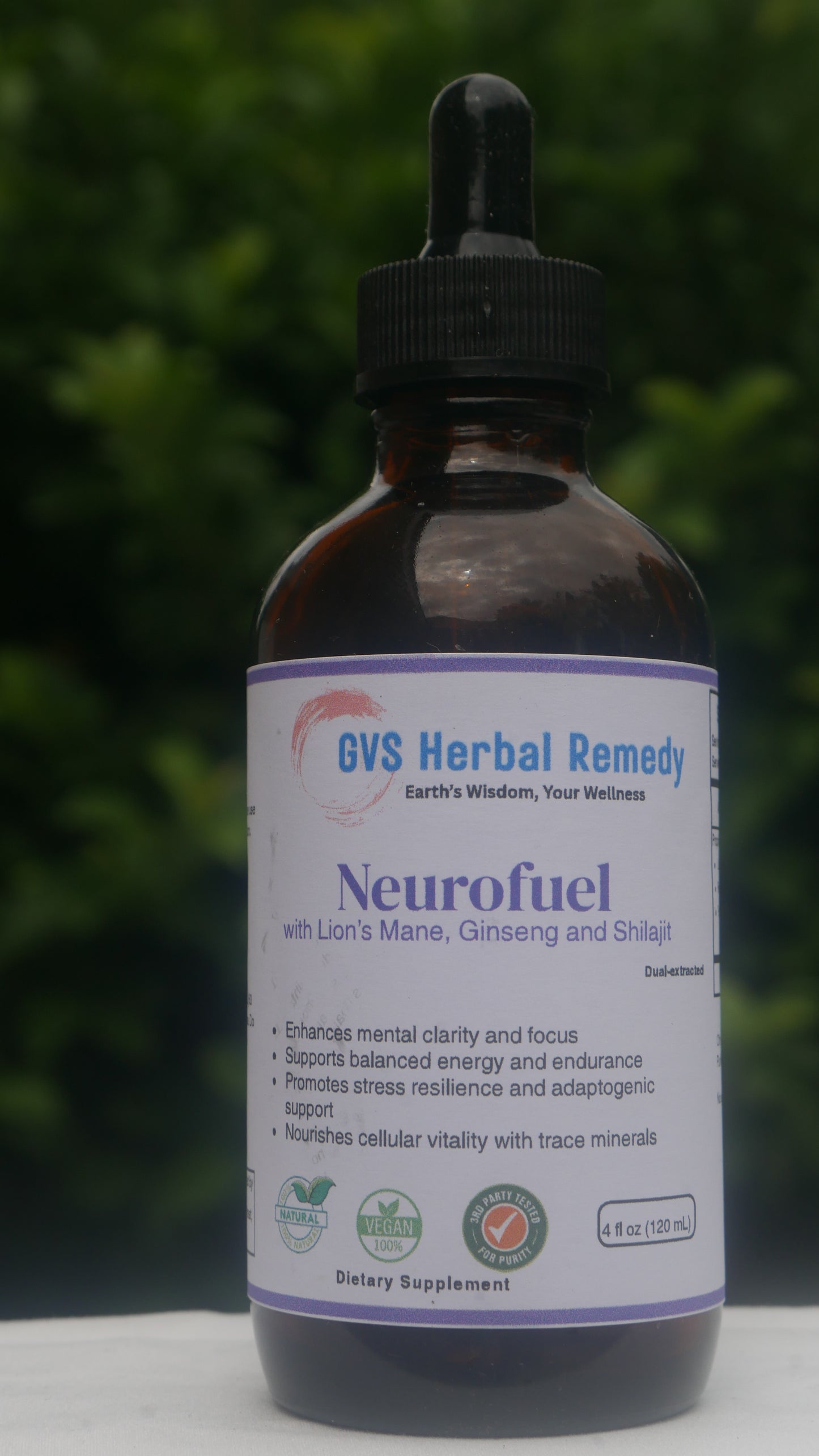 Bottle of Neurofuel with visible label on a blurred green background