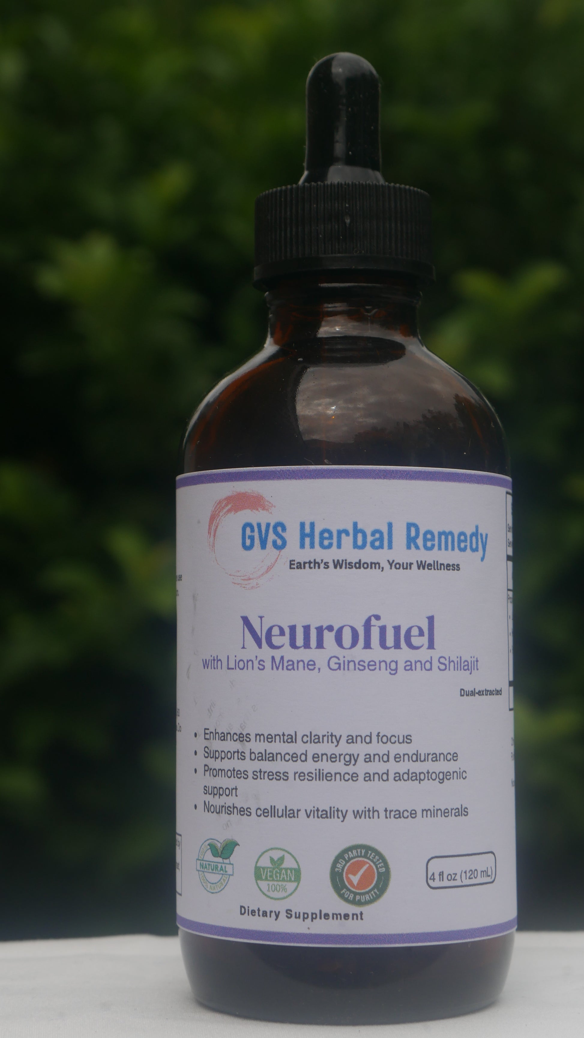 Bottle of Neurofuel with visible label on a blurred green background