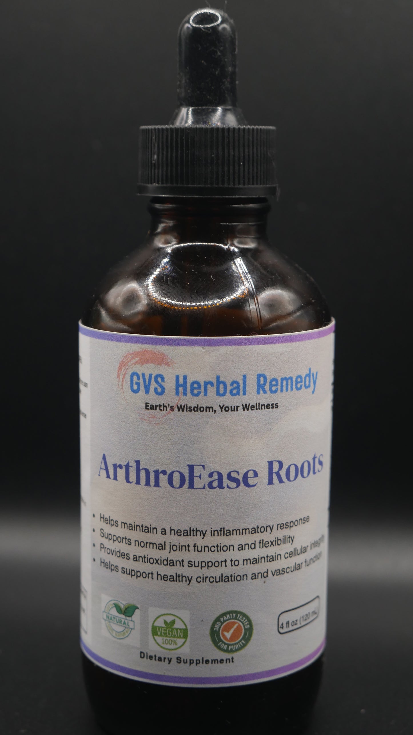Bottle of GVS Herbal Remedy ArthroEase Root on a black background