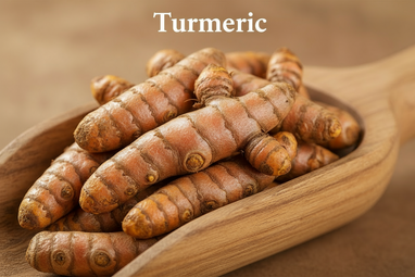 create an enlarged picture realistic image Turmeric roots in a wooden scoop with a bold caption "Turmeric"