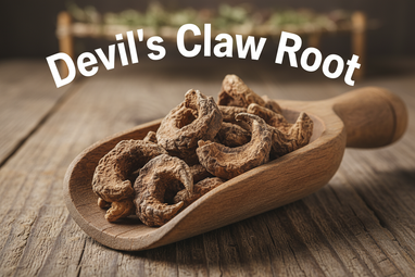 generate a photo realistic image of "Devil’s Claw Root" in a wooden hopper, with a bold caption "Devil’s Claw Root 
