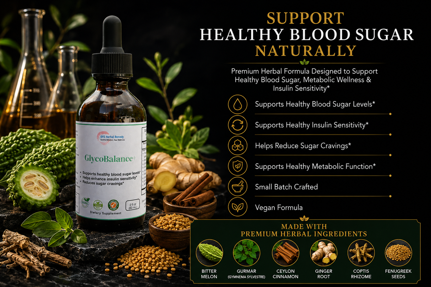Glycolabalance supplement bottle with herbs and text on a dark background