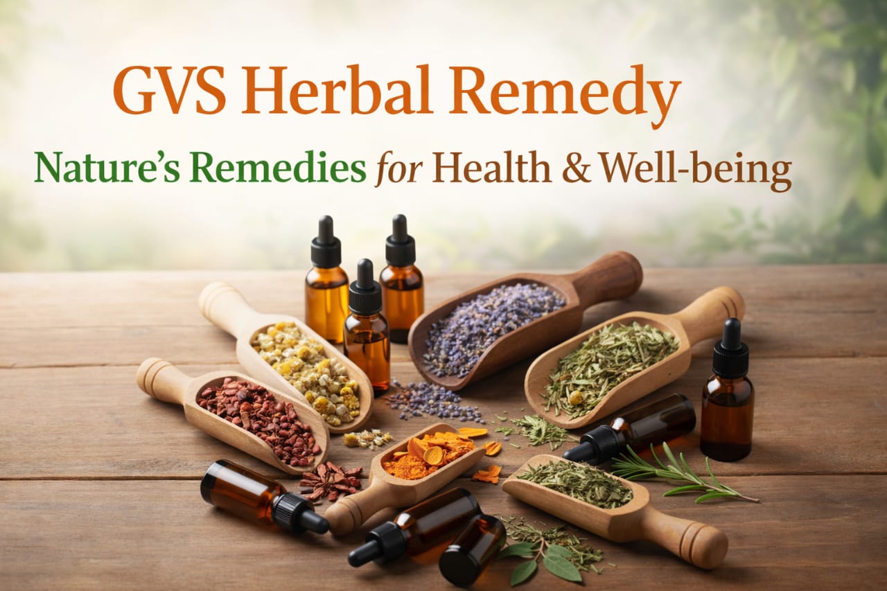 GVS Herbal Remedy with herbs and oils on a wooden surface