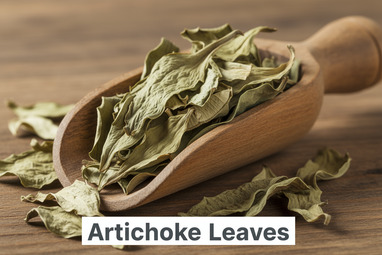 Produce an enlarged photo realistic vivid image of Artichoke leaves in a wooden scoop, add a bold caption "Artichoke Leaves "
