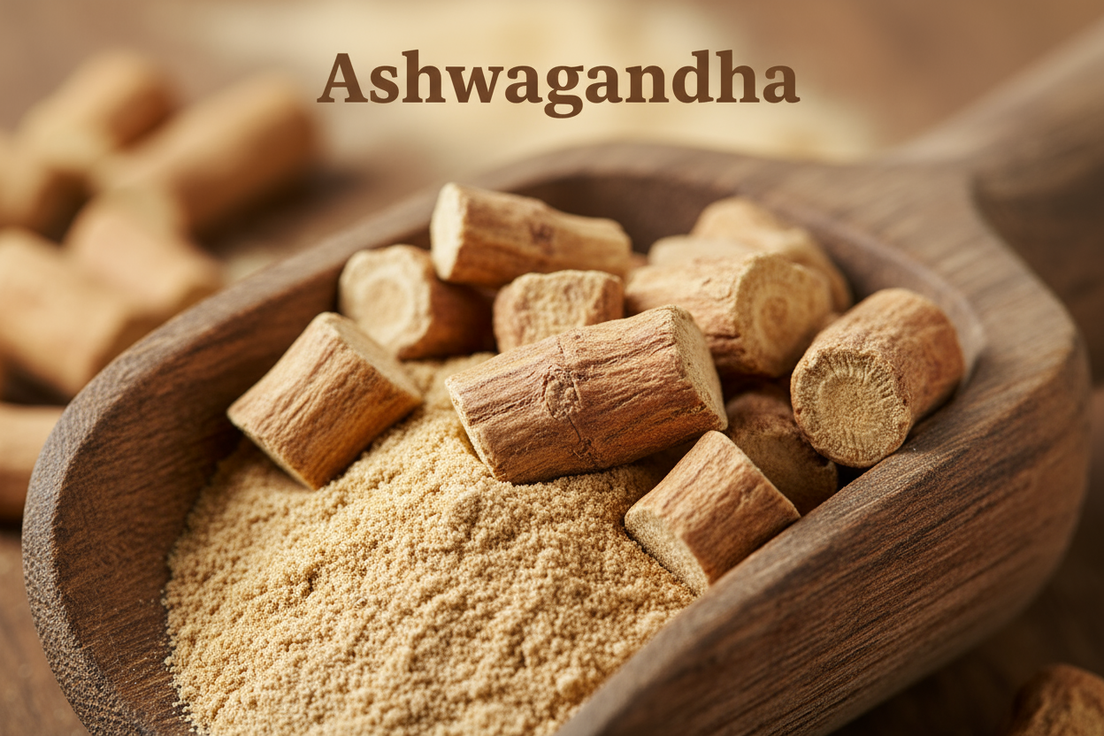 Produce an enlarged photo realistic vivid image of Ashwagandha in a wooden scoop, add a bold caption "Ashwagandha 