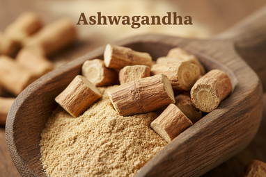 Produce an enlarged photo realistic vivid image of Ashwagandha in a wooden scoop, add a bold caption "Ashwagandha 