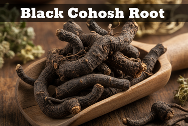 Produce an enlarged photo realistic vivid image of Black Cohosh Root in a wooden scoop, add a bold caption "Black Cohosh Root "