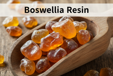 Produce an enlarged photo realistic vivid image of Boswellia Resin in a wooden scoop, add a bold caption "Boswellia Resin"