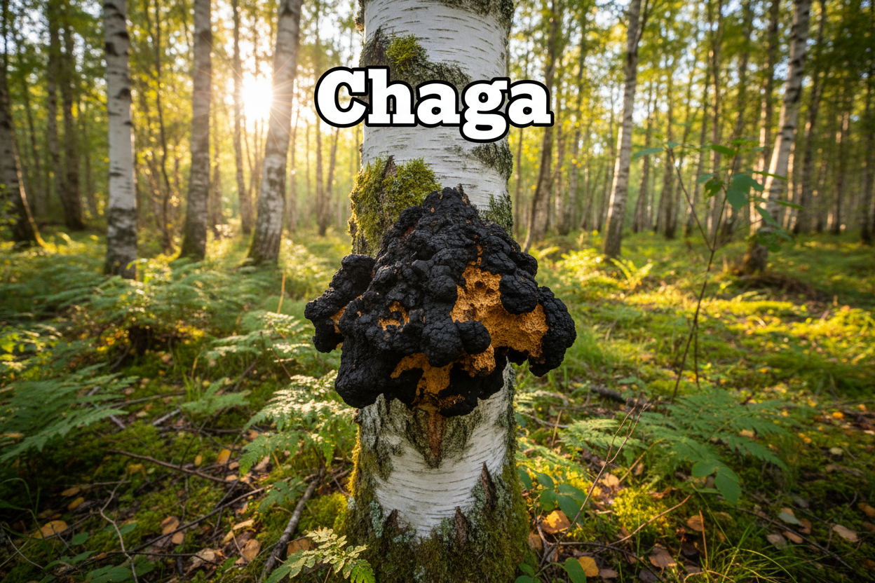Produce an enlarged photo realistic vivid image of Chaga in the woods add a bold caption "Chaga"