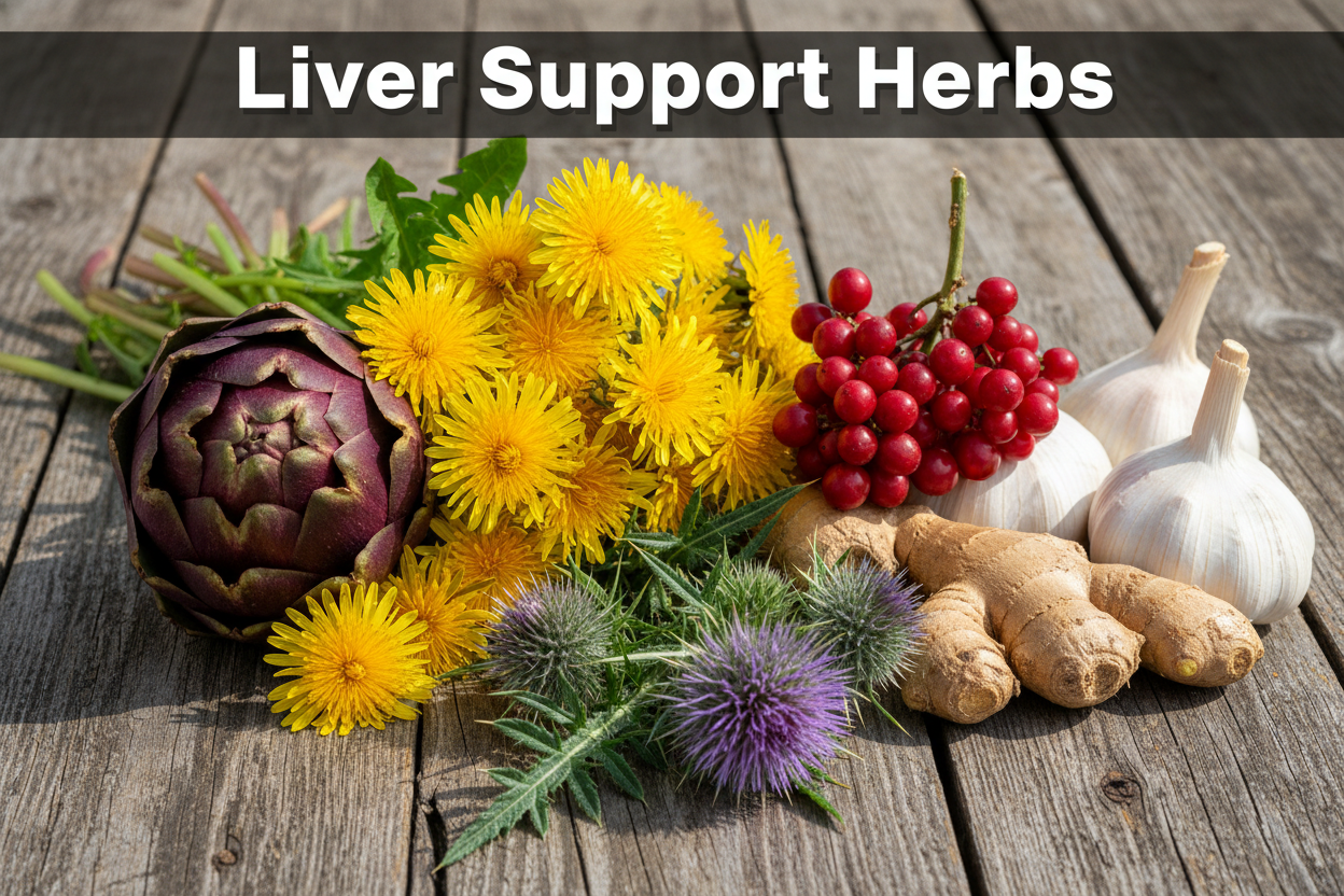 Produce an enlarged photo realistic vivid image of Dandelion, Artichoke, Schisandra berries, garlic bulb and ginger roots, milk thistle   on a wooden table, add a bold caption "Liver Support Herbs"