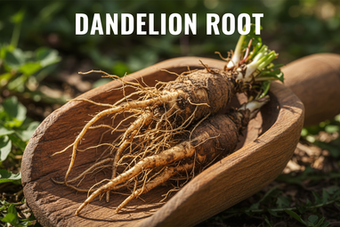 Produce an enlarged photo realistic vivid image of dandelion roots in a wooden scoop, add a bold caption "Dandelion Root"