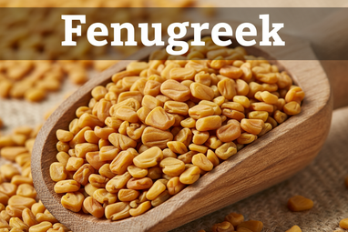 Produce an enlarged photo realistic vivid image of fenugreek seeds in a wooden scoop, add a bold caption "Fenugreek"