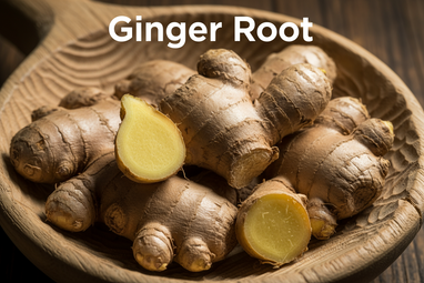 Produce an enlarged photo realistic vivid image of Ginger Root in a wooden scoop, add a bold caption "Ginger Root"