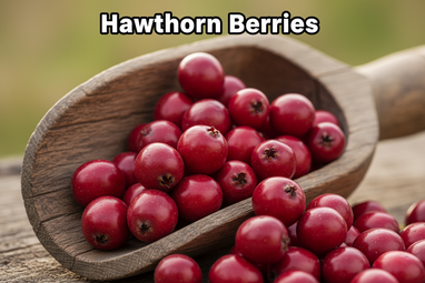 Produce an enlarged photo realistic vivid image of Hawthorn berries in a wooden scoop, add a bold caption "Hawthorn Berries"