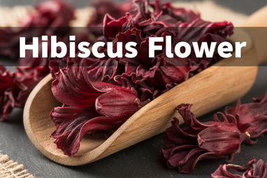 Produce an enlarged photo realistic vivid image of Hibiscus flower  in a wooden scoop, add a bold caption "Hibiscus Flower"