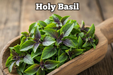 Produce an enlarged photo realistic vivid image of Holy Basil in a wooden scoop, add a bold caption "Holy Basil"