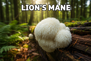 Produce an enlarged photo realistic vivid image of lion's Mane Mushroom in forest add a bold caption "lion's Mane"