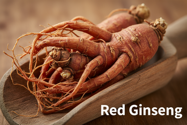 Produce an enlarged photo realistic vivid image of Red Ginseng Root in a wooden scoop, add a bold caption "Red Ginseng"