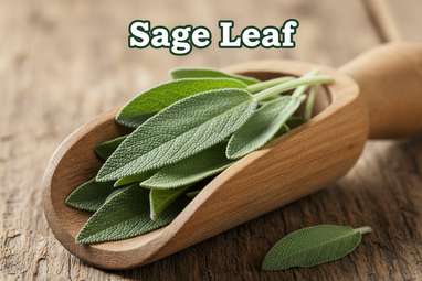Produce an enlarged photo realistic vivid image of Sage Leaf  in a wooden scoop, add a bold caption "Sage Leaf "