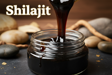 Produce an enlarged photo realistic vivid image of Shilajit resin poured into a glass container add a bold caption "Shilajit "